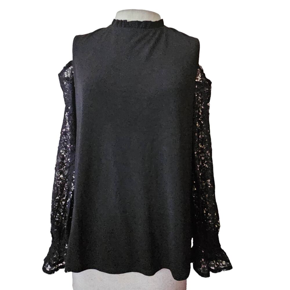 Adrianna Papell Black Open Shoulder Lace Sleeve Blouse Size Medium